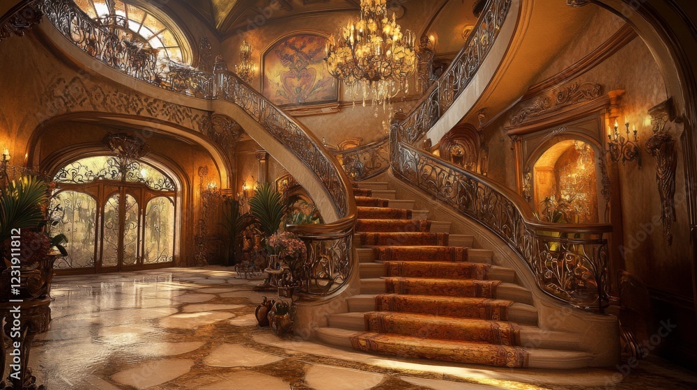 Obraz premium An artistic view of a winding staircase in a grand hallway, with intricate railings and elegant wall decor, highlighting architectural beauty and design