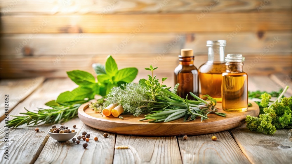 Aromatic herbs and essential oils arranged artfully on a light-colored wooden table or plate, with a subtle texture and warm glow emanating from the scene , calming, kitchen Aromatic herbs and essential oils arranged artfully on a light-colored wooden table or plate, with a subtle texture and warm glow emanating from the scene , calming, kitchen