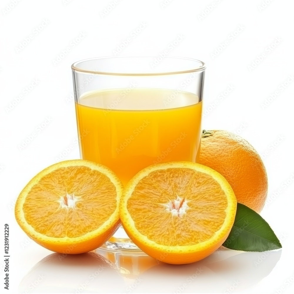 An orange juice with slices of orange isolated on white background. An orange juice with slices of orange isolated on white background.