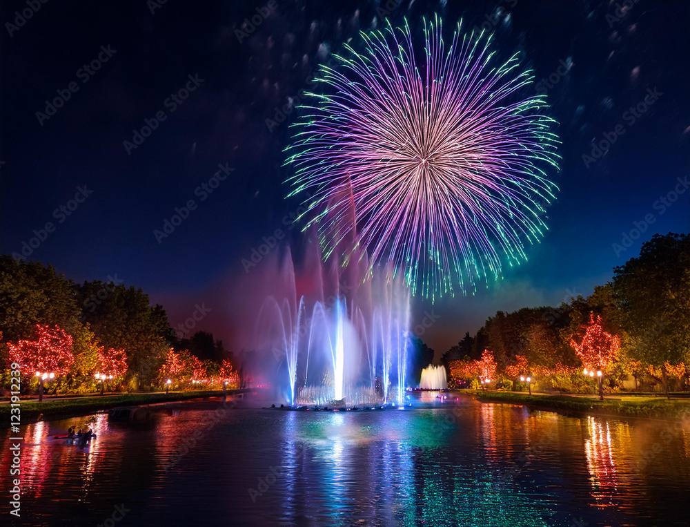 Fototapeta premium Generated image 花火と噴水のイルミネーション
