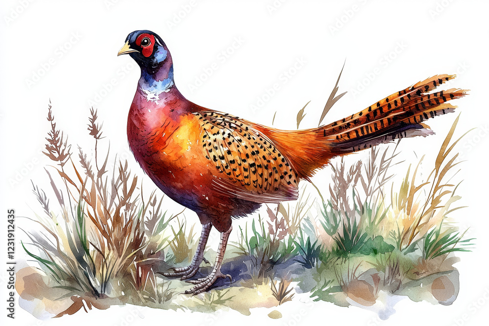Obraz premium Watercolor painting of a pheasant in tall grass.