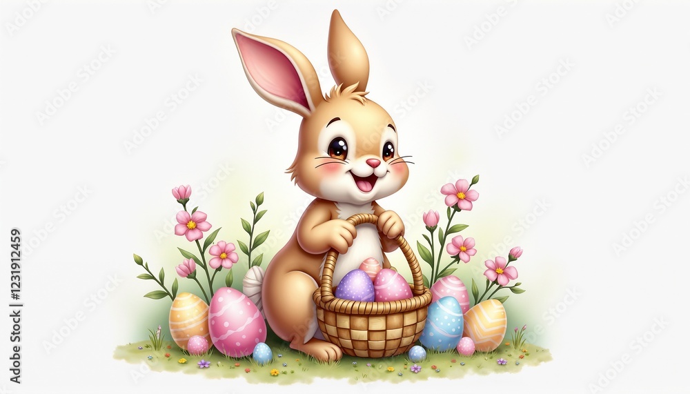 Fototapeta premium Soft Easter bunny carrying basket with pastel eggs surrounded by flowers
