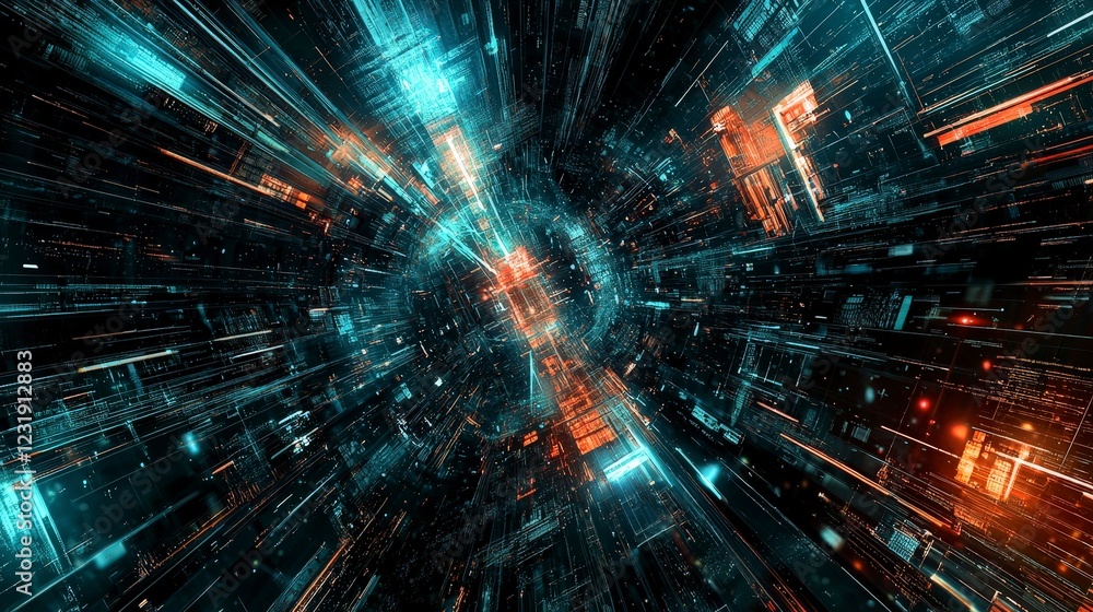 Fototapeta premium Futuristic Digital Landscape with Vibrant Data Streams and Patterns