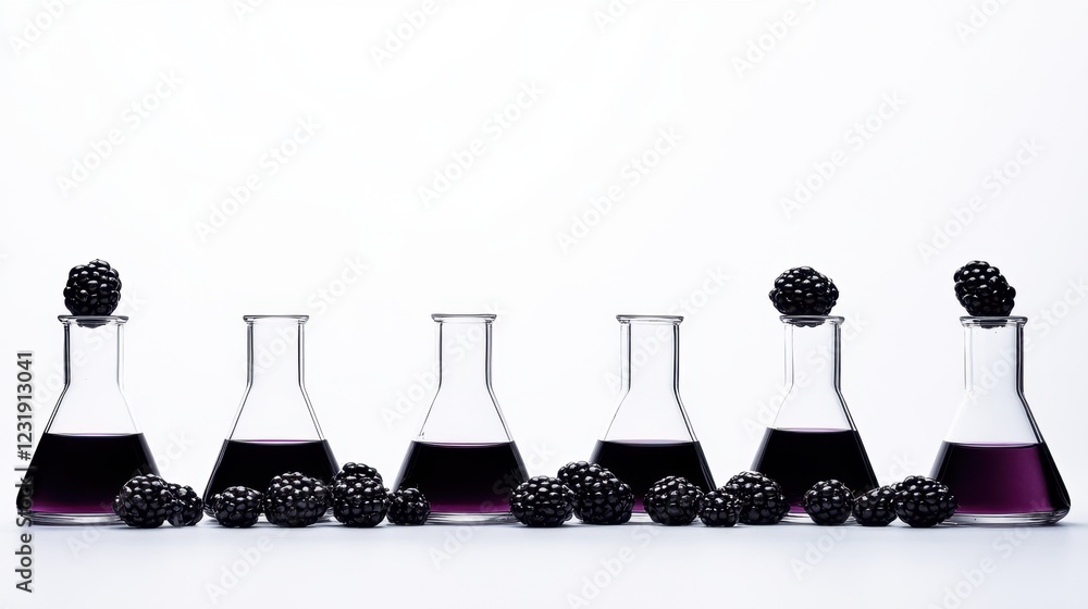 Blackberries in scientific beakers for modern culinary experiment