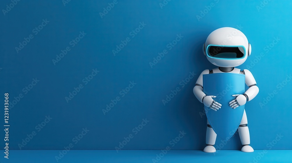 Fototapeta premium A cute robot in a spacesuit stands against a blue wall, holding a blue shield, evoking a sense of protection and technology.