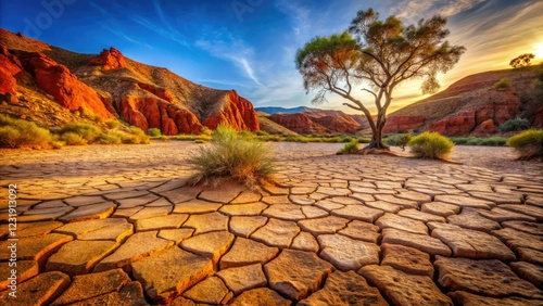 Cracked earth, sun-baked hues dominate Alice Springs' dry Todd Riverbed, Northern Territory. photo