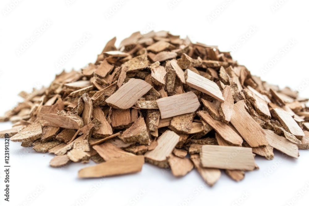 A pile of wood chips on a clean white surface A pile of wood chips on a clean white surface