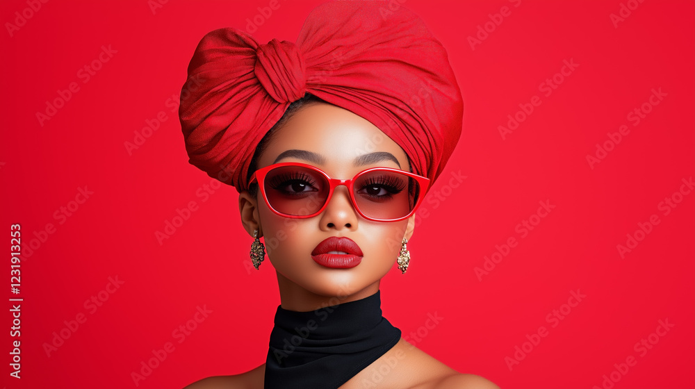 Bold fashion statement with striking red accessories and makeup in a vibrant setting Bold fashion statement with striking red accessories and makeup in a vibrant setting