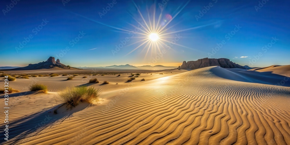 Naklejka premium Arid landscape bathed in the golden light of the setting sun, showcasing the beauty of sculpted sand dunes and distant rock formations under a vibrant blue sky