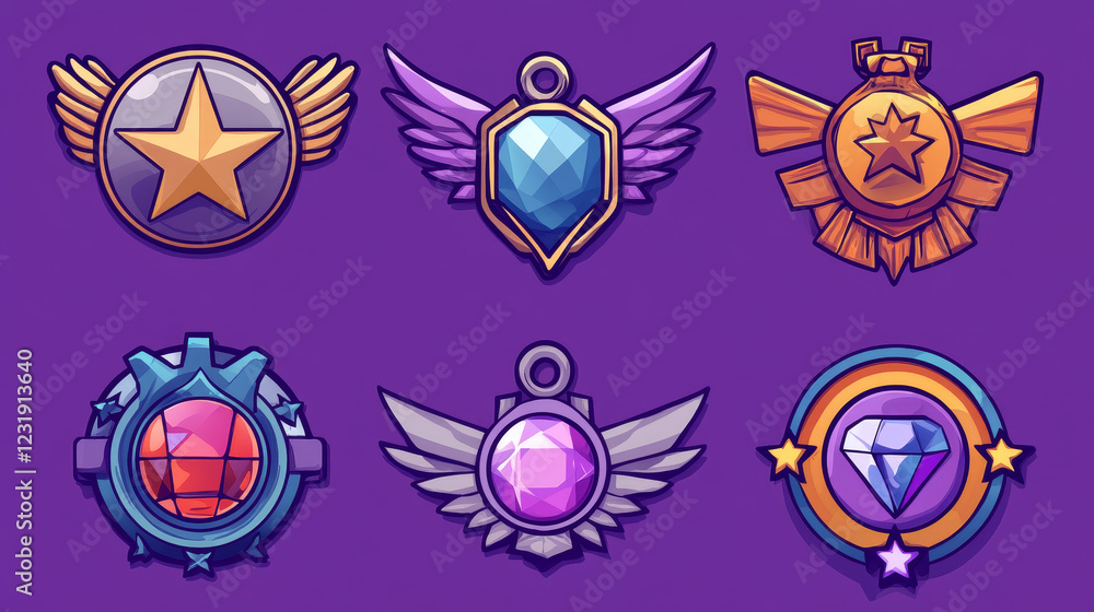 Obraz premium Set of military game progress badges isolated on background. Vector cartoon illustration of purple army medal decorated with star, gemstone, wings and silk royalpennant. Gui design element