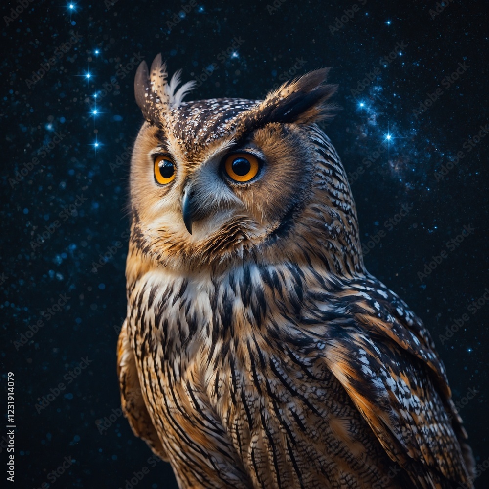 A galaxy-inspired owl with starry patterns on its feathers. A galaxy-inspired owl with starry patterns on its feathers.