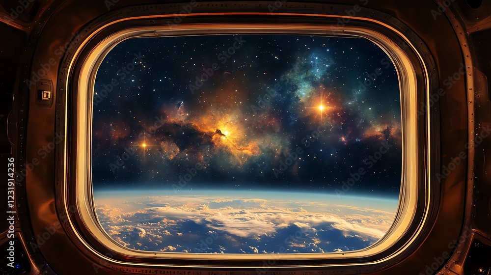 Cosmic view of Earth and stars from a spacecraft window, captivating space scene. Cosmic view of Earth and stars from a spacecraft window, captivating space scene.
