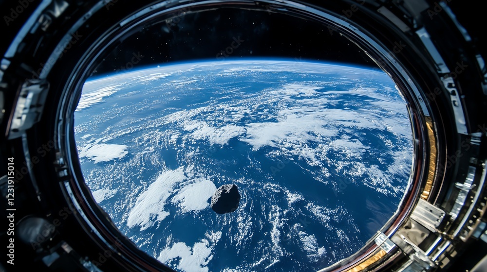 Earth viewed from space through a spacecraft window, showcasing oceans and clouds. Earth viewed from space through a spacecraft window, showcasing oceans and clouds.