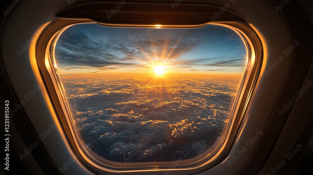 Sunrise view from an airplane window above the clouds. Sunrise view from an airplane window above the clouds.