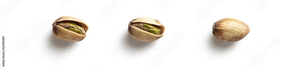 Three pistachios in different states open, partially open, and closed, isolated on white background.