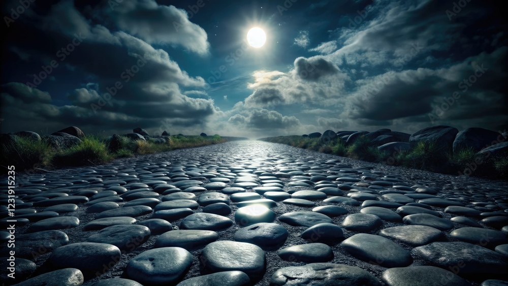Fototapeta premium Dark, atmospheric night photography captures a mysterious gray stone road, evoking intrigue.