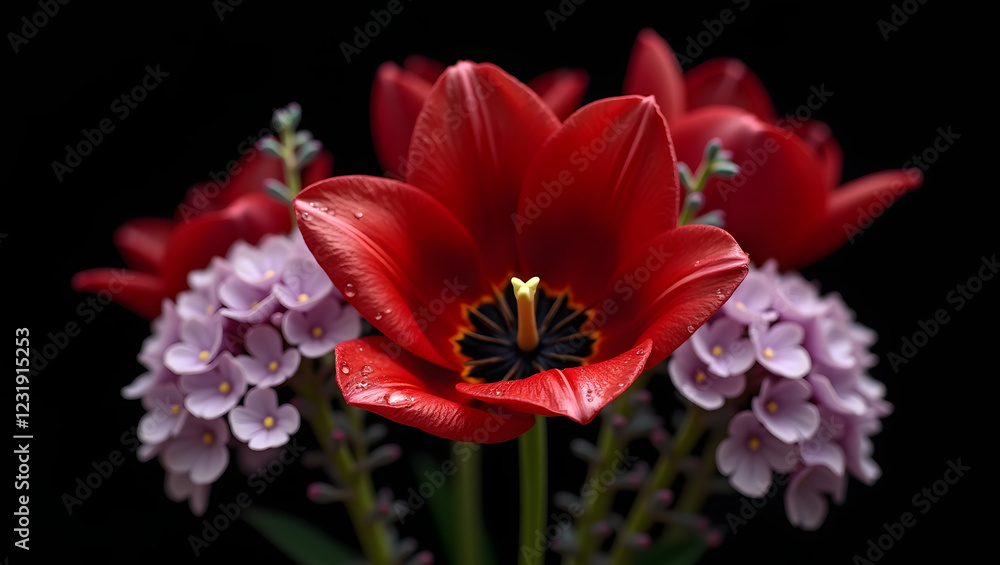A stunning bouquet of red tulips, pink hydrangeas, and soft lavender sprigs, with glistening droplets of water on the petals, set against a dark background, creating an air of mystery and romance A stunning bouquet of red tulips, pink hydrangeas, and soft lavender sprigs, with glistening droplets of water on the petals, set against a dark background, creating an air of mystery and romance