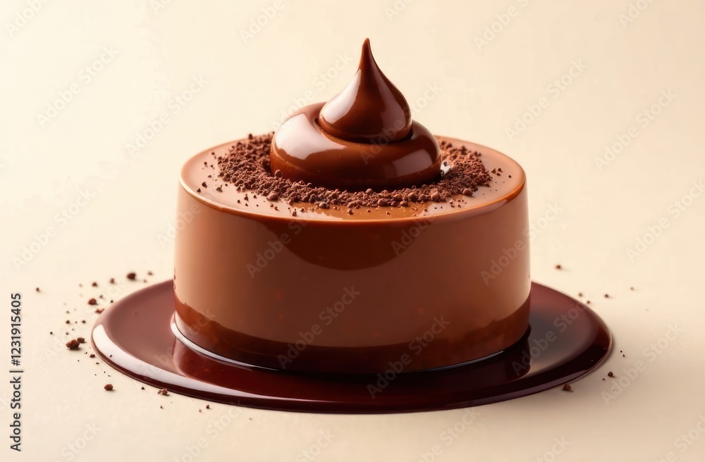 chocolate mousse cake topped with creamy swirl on beige background. dessert menu, cafe promotion, culinary blog. chocolate mousse cake topped with creamy swirl on beige background. dessert menu, cafe promotion, culinary blog.