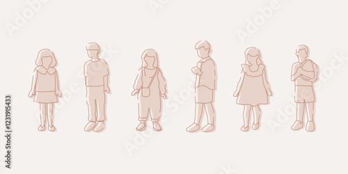flat minimal children male and female vector illustration in spring summer clothing concept isolated set collection. Outline with silhouette shadow. For architecture, design, info graphic, media