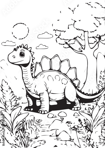 Adorable Stegosaurus Coloring Page - Dinosaur in Forest Scene