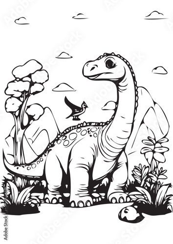 Happy Brachiosaurus Coloring Page - Dinosaur with Pterosaur in Prehistoric Landscape