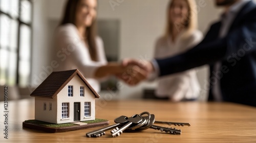Real Estate Deal Closing With Handshake and House Model on Table  
