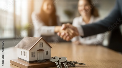 Real Estate Deal Closing With Handshake and House Model on Table  
