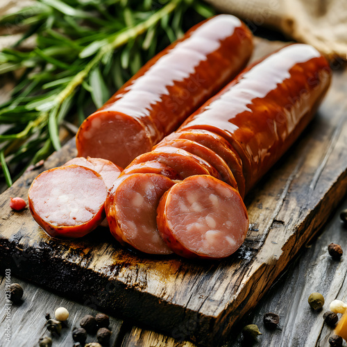 Sliced half-smoked sausages on wooden table. Traditional Chezh meat products. photo