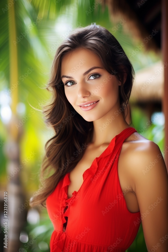 Fototapeta premium A young woman with long wavy brown hair and striking blue eyes smiles gently while wearing a red dress. She stands in a tropical resort setting with lush green palm leaves