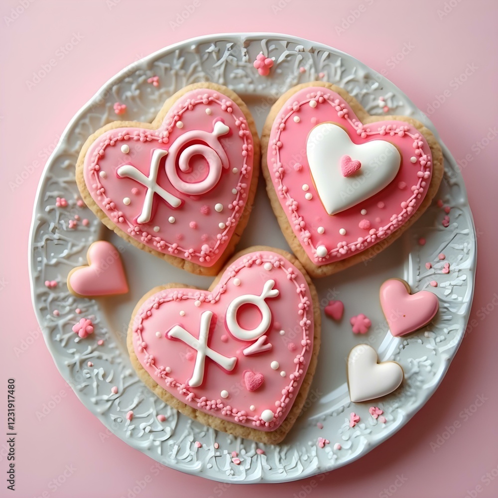 XOXO-themed cookies with fondant letters on the plate XOXO-themed cookies with fondant letters on the plate