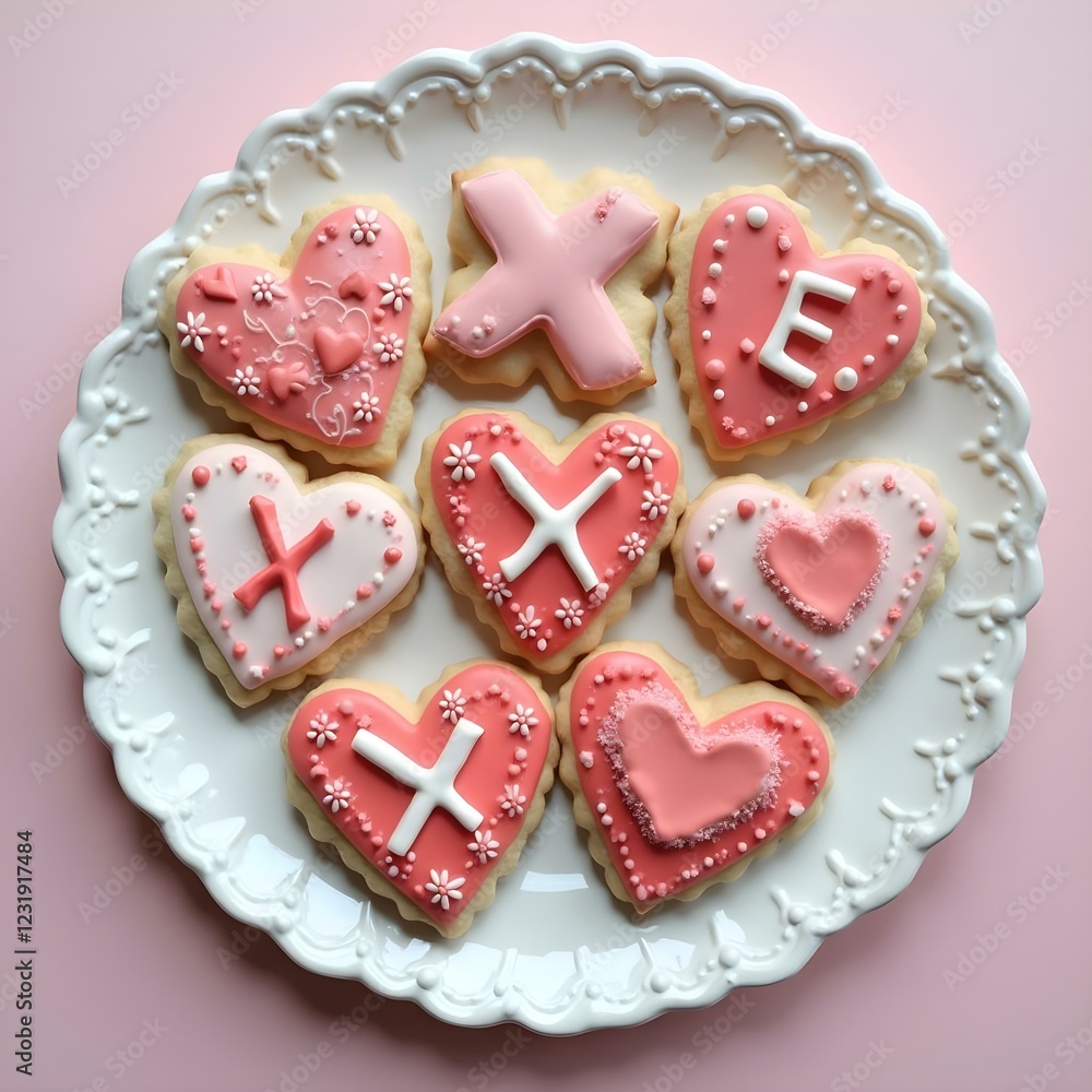XOXO-themed cookies with fondant letters on the plate XOXO-themed cookies with fondant letters on the plate