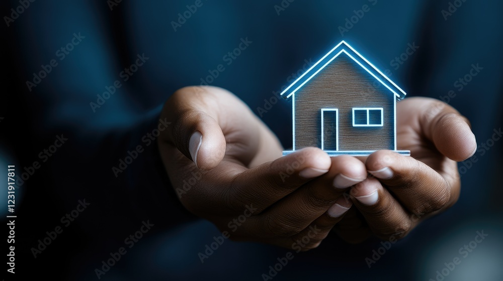 Holding a glowing house icon symbolizes real estate investment and home ownership within a digital landscape Holding a glowing house icon symbolizes real estate investment and home ownership within a digital landscape