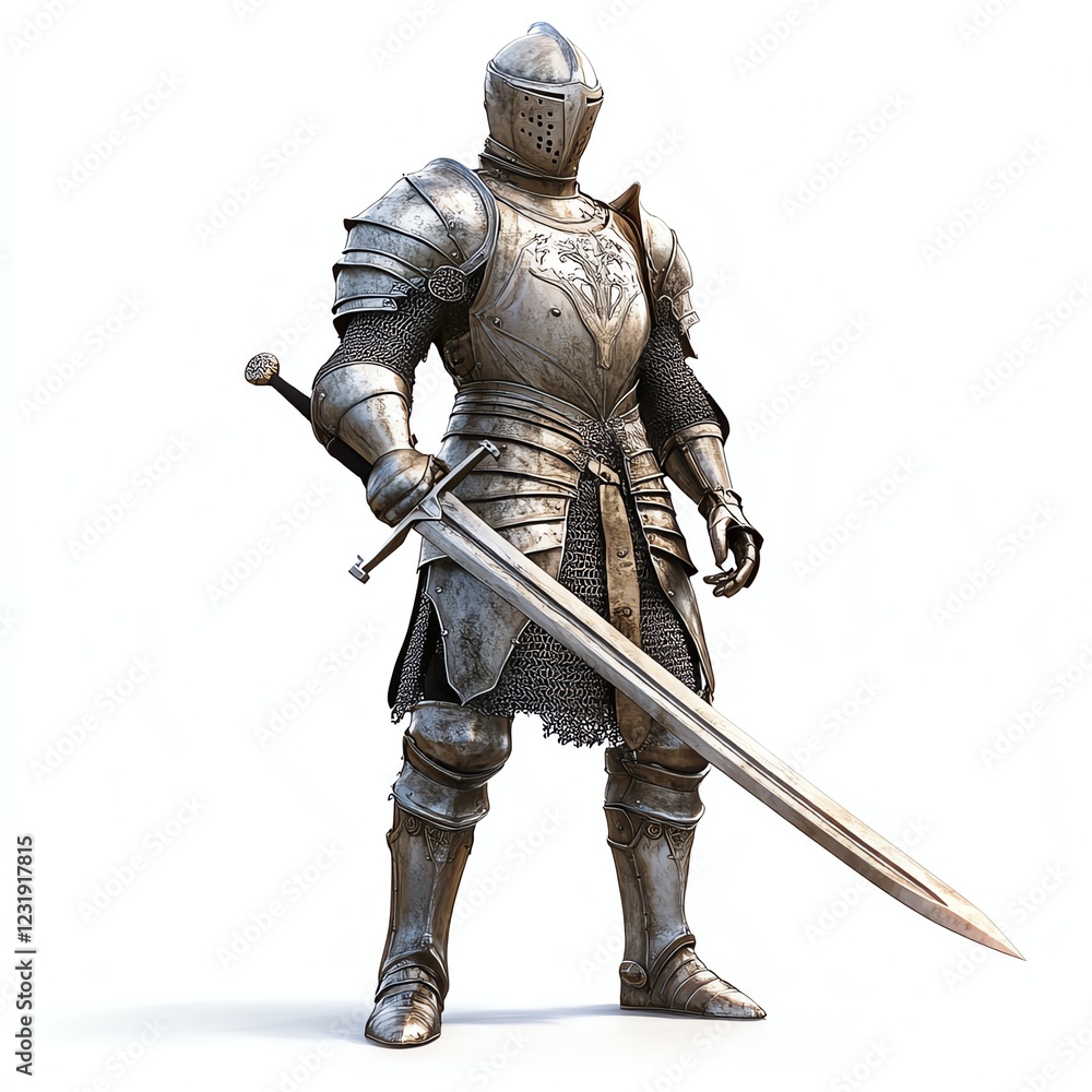 Knight in shining armor holding a sword, white isolated background. Knight in shining armor holding a sword, white isolated background.