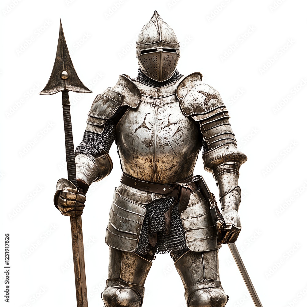 Medieval knight in armor holding a spear, white isolate background. Medieval knight in armor holding a spear, white isolate background.