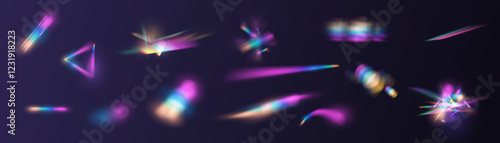Crystal rays of light, prism refraction, lens flare, crystal glass reflection effect. Prism vector, realistic light leak effect with spectral flare. Bright light banner, poster, template.