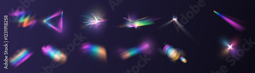 Crystal rays of light, prism refraction, lens flare, crystal glass reflection effect. Prism vector, realistic light leak effect with spectral flare. Bright light banner, poster, template.