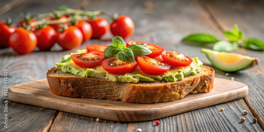 Delicious Avocado Toast with Sliced Tomatoes and Fresh Basil on Rustic Wooden Board Delicious Avocado Toast with Sliced Tomatoes and Fresh Basil on Rustic Wooden Board