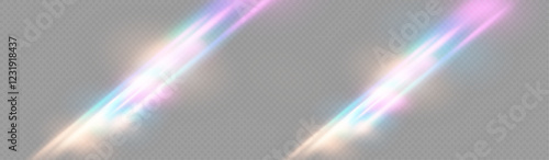 Crystal rays of light, prism refraction, lens flare, crystal glass reflection effect. Prism vector, realistic light leak effect with spectral flare. Bright light banner, poster, template.