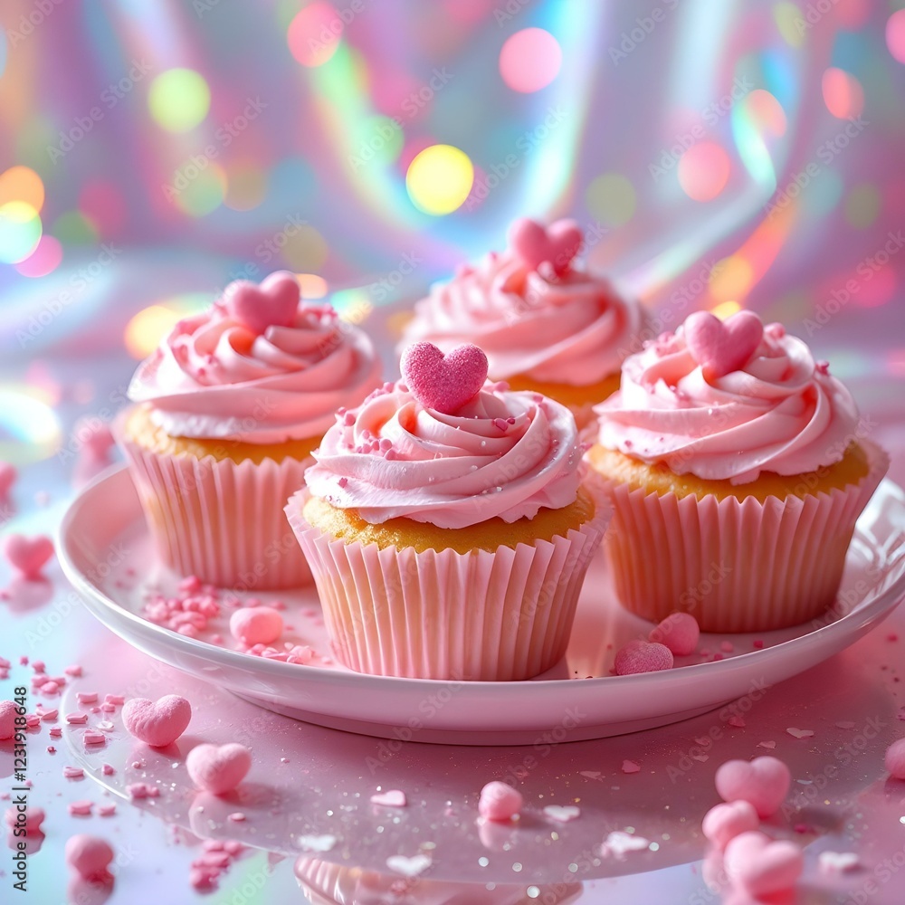 Valentine’s cupcakes with pink frosting on plate Valentine’s cupcakes with pink frosting on plate