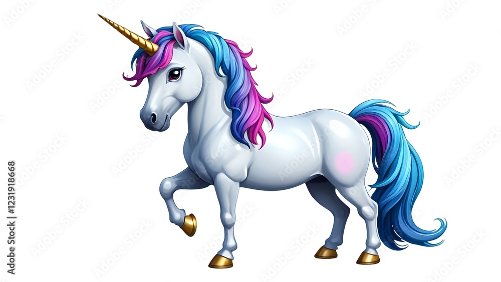 Majestic unicorn with vibrant blue and pink mane and tail, standing gracefully on white background. Ideal for children's books, fantasy art, and magical themes. Majestic unicorn with vibrant blue and pink mane and tail, standing gracefully on white background. Ideal for children's books, fantasy art, and magical themes.
