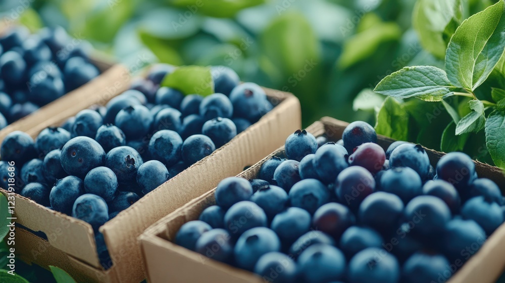 Freshly harvested blueberries displayed in wooden crates at a local farm during a sunny afternoon in summer Freshly harvested blueberries displayed in wooden crates at a local farm during a sunny afternoon in summer