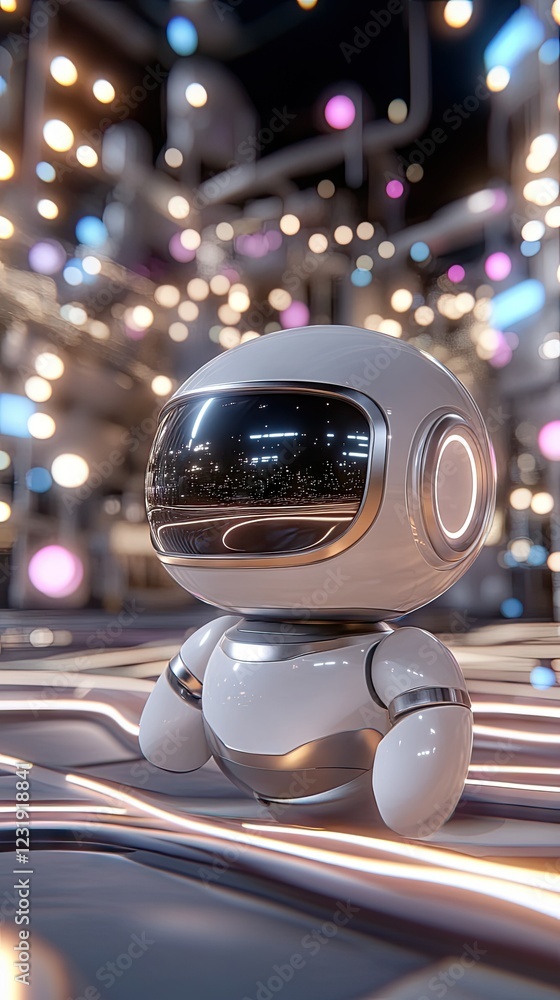 A robot character stands confidently in a vibrant, futuristic environment that is alive with glowing lights and a captivating, dynamic atmosphere A robot character stands confidently in a vibrant, futuristic environment that is alive with glowing lights and a captivating, dynamic atmosphere