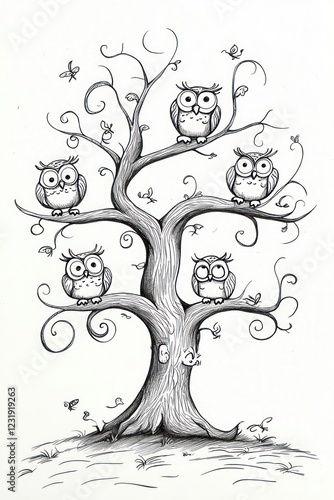 A whimsical illustration of five owls perched on the branches of a stylized tree.