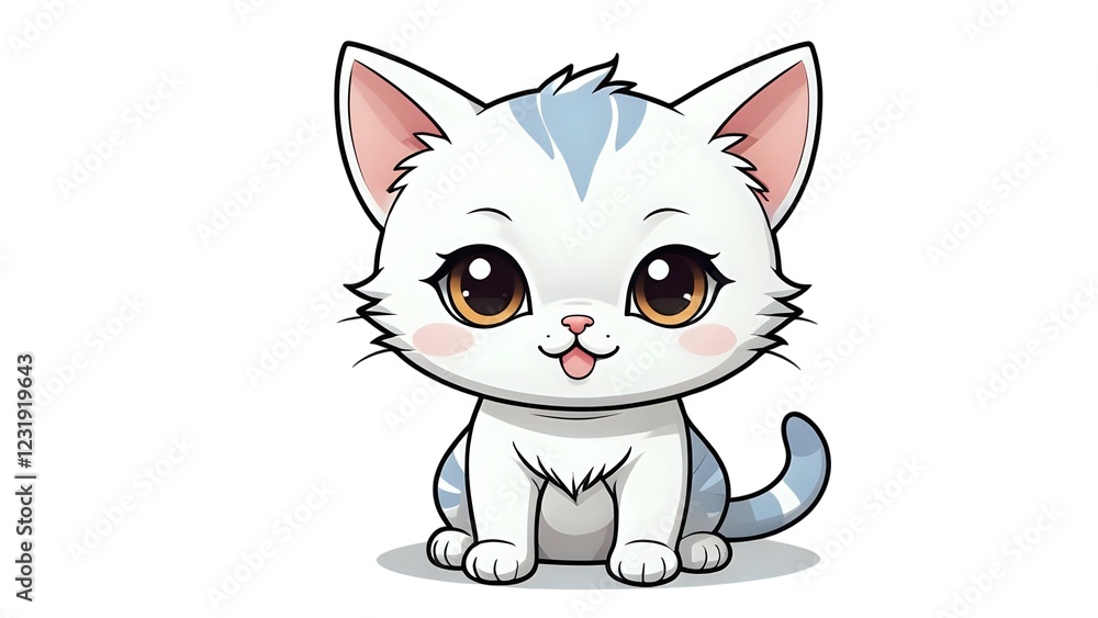 Adorable cartoon kitten, white with grey markings, sitting, big eyes, happy expression, perfect for children's books, websites, and more. Adorable cartoon kitten, white with grey markings, sitting, big eyes, happy expression, perfect for children's books, websites, and more.