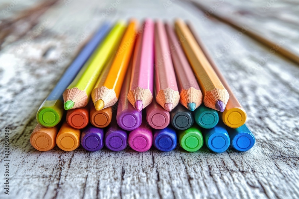 A collection of colorful pencils resting on a wooden surface, great for art or creative projects