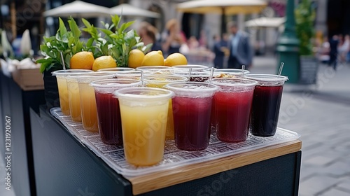 Colorful assortment of refreshing drinks displayed at an outdoor market in a bustling city square during a sunny afternoon photo