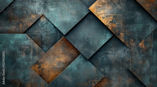 Textured abstract pattern featuring metallic squares and rectangles in shades of teal and bronze on a rustic surface
