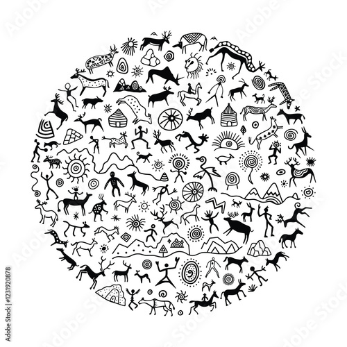 Vector round ethnic element, circular petroglyph pattern, rock paintings, naive art, vector design