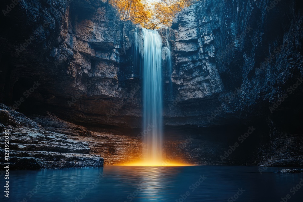 A waterfall cascading down a cliff into a glowing pool, illuminating the surrounding landscape with soft light. A waterfall cascading down a cliff into a glowing pool, illuminating the surrounding landscape with soft light.