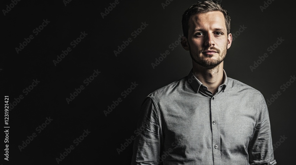 Obraz premium A person posing for a photo wearing a gray shirt, useful for photography or modeling concepts